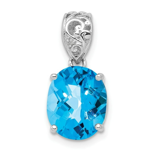 Solid 925 Sterling Silver Diamond and Aquamarine Blue March Gemstone Oval Pendant Charm 10mm x 4mm